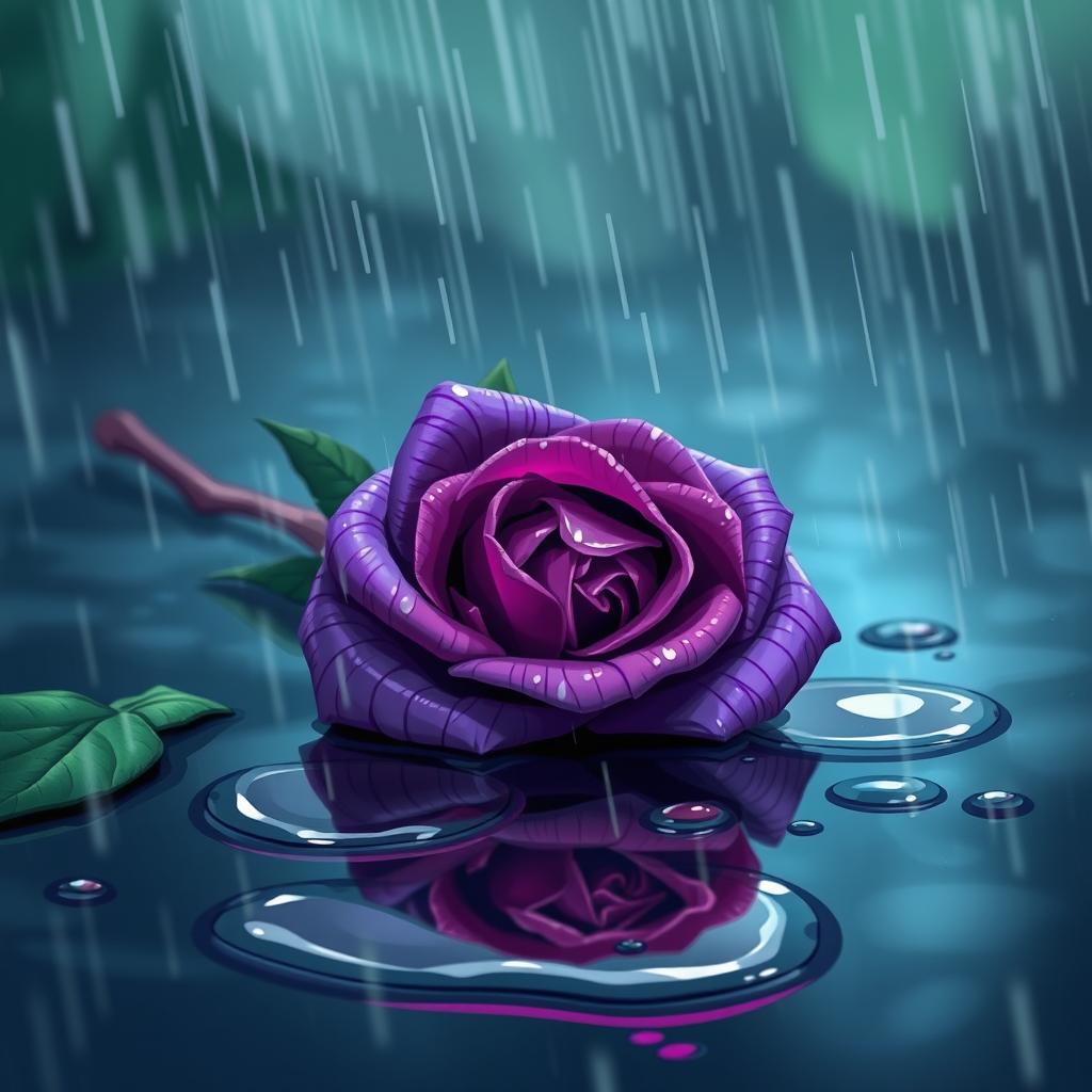A captivating 2D cartoon style album cover featuring a vibrant purple rose gracefully laying on the ground, surrounded by gentle raindrops