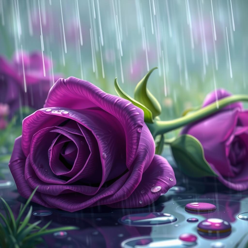 An enchanting 2D cartoon style album cover featuring a stunning purple rose laying gracefully on the ground under a soft rain