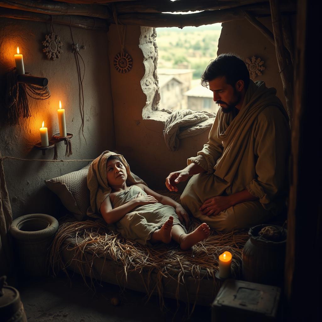 A dramatic scene set in ancient times depicting a humble dwelling during the birth of a baby