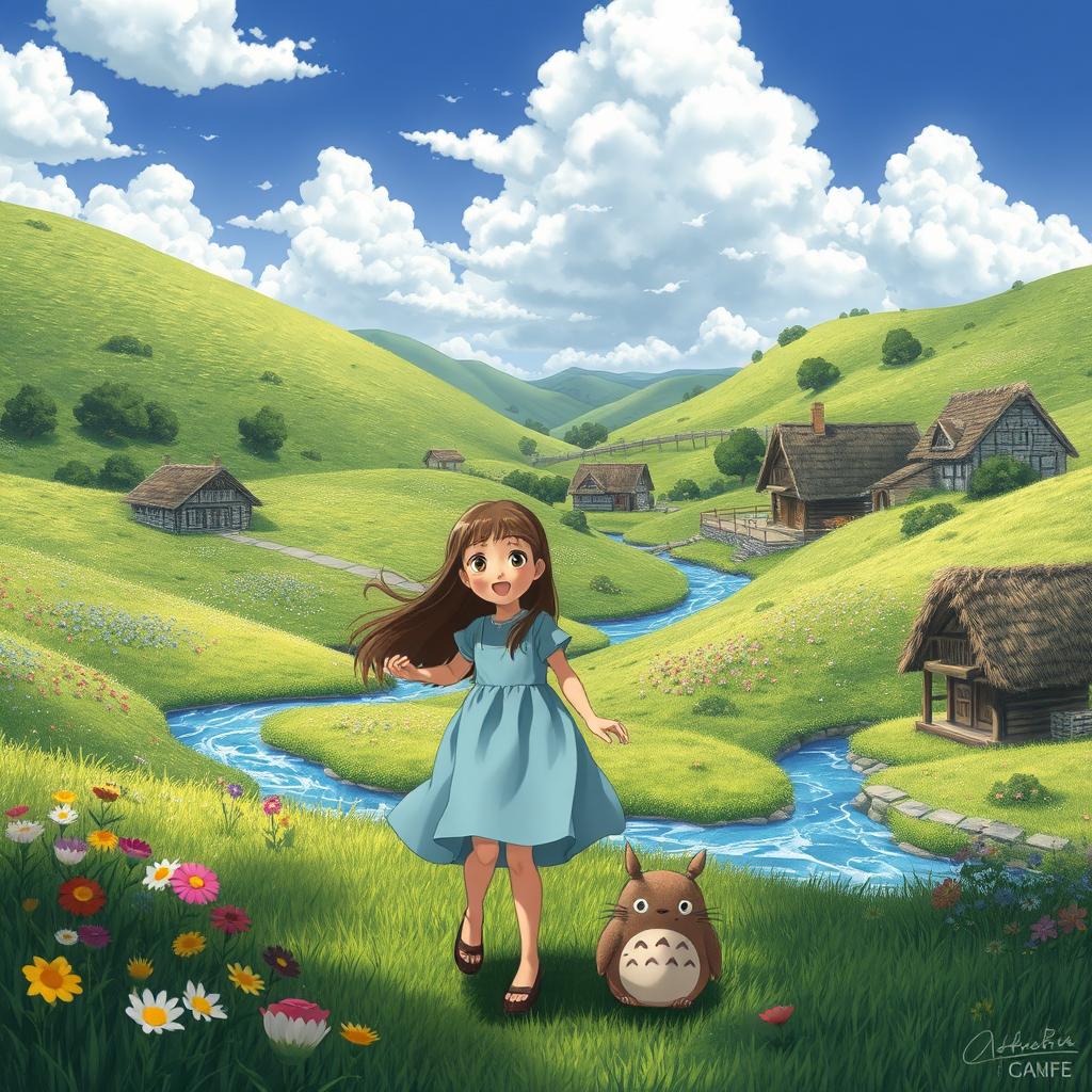 A whimsical fantasy landscape inspired by Ghibli films, featuring lush green hills dotted with colorful wildflowers, a serene river flowing through the scene, and a quaint village in the distance with thatched-roof cottages