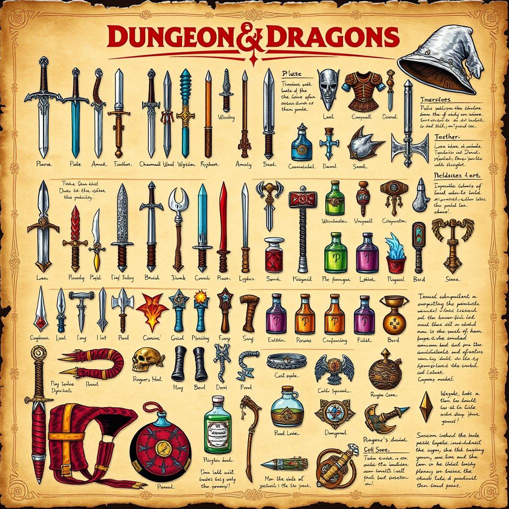 An illustration of a Dungeons & Dragons character equipment page, featuring an array of fantasy gear and items