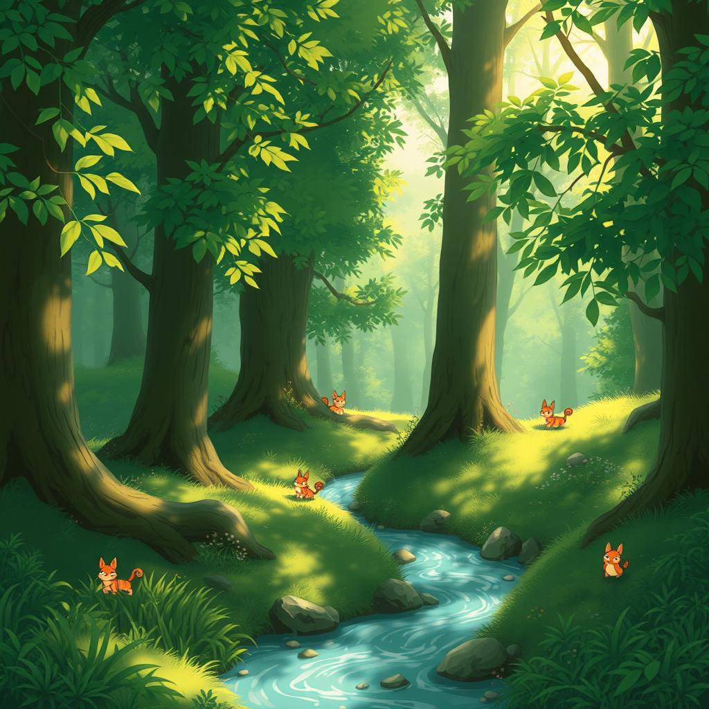 A serene landscape featuring a mystical forest with lush greenery and whimsical creatures, capturing the enchanting style of Studio Ghibli