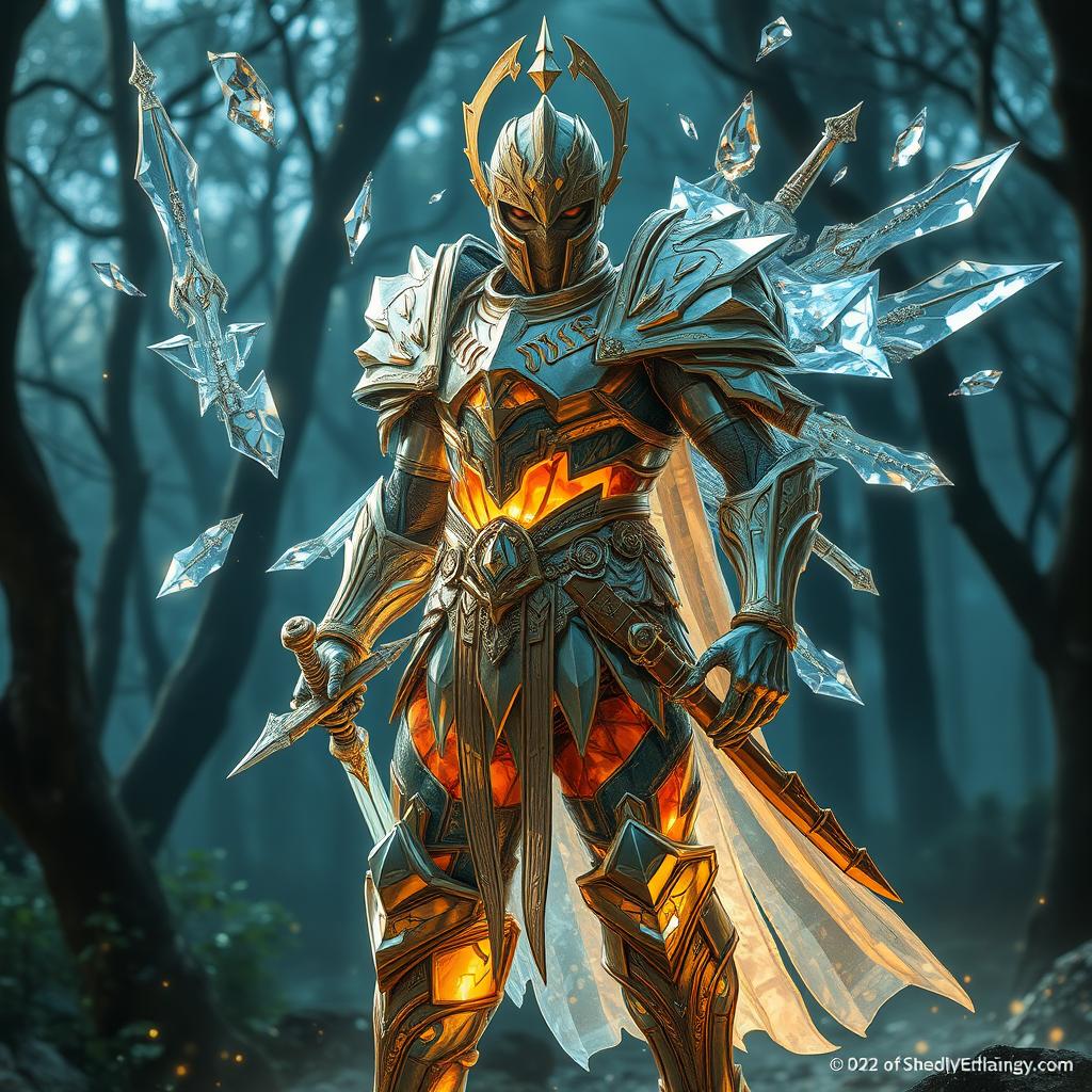 A powerful warrior adorned in intricate armor made entirely of glass, reflecting light in various hues, with shards that create a stunning visual effect