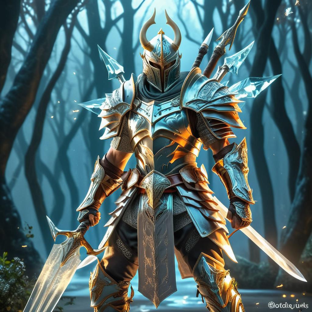 warrior with armor made of glass and floating glass weapons, and add boar tusks to his face and less metal