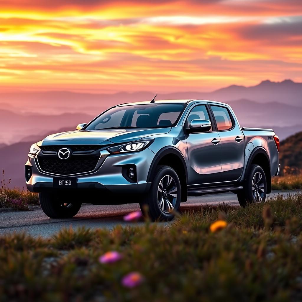 A sleek and powerful Mazda BT-50 pickup truck parked on a scenic mountain road during sunset