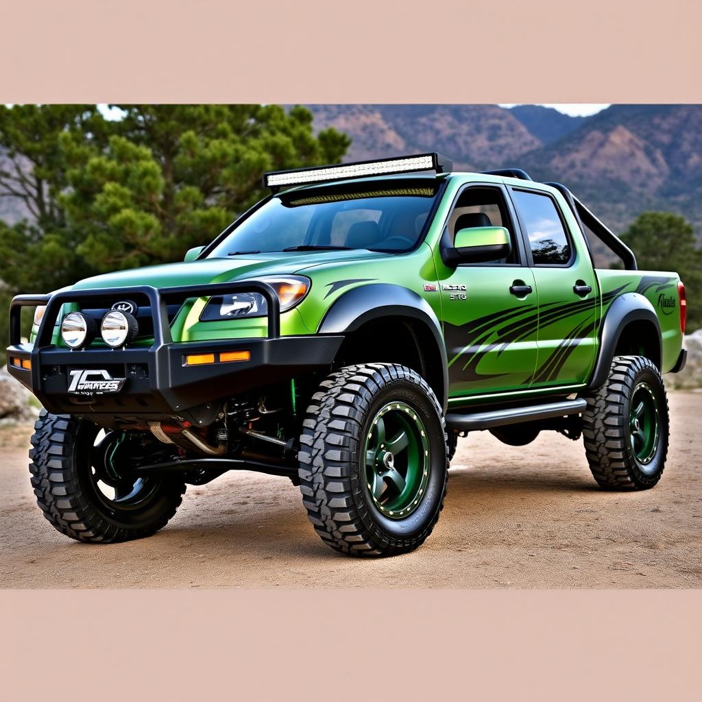 A customized 2008 Mazda BT-50 pickup truck, showcasing an aggressive off-road stance with oversized all-terrain tires and a rugged lift kit