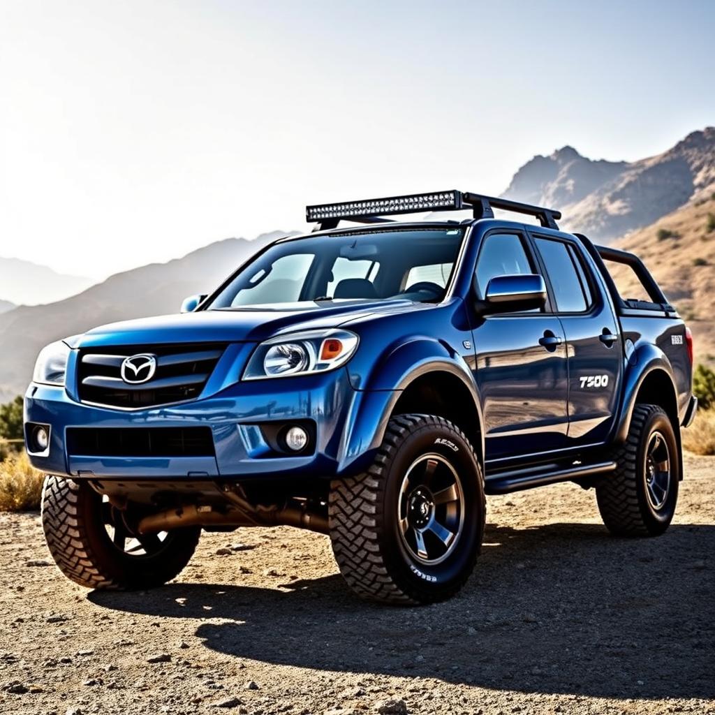 A sleek and rugged Mazda BT-50 2008 model with a modern twist, featuring an aggressive front grille, lifted suspension for off-road capability, custom alloy wheels, and all-terrain tires