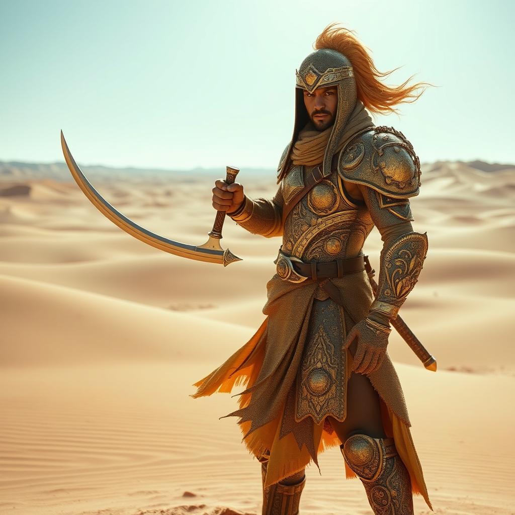 A fierce warrior clad in an intricate armor made of shimmering sand and translucent glass, standing bravely on a vast desert landscape