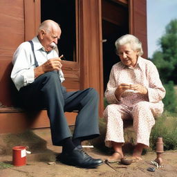 An elderly man is enjoying his pipe while an elderly woman is sewing, both sitting in front of their American-style house.