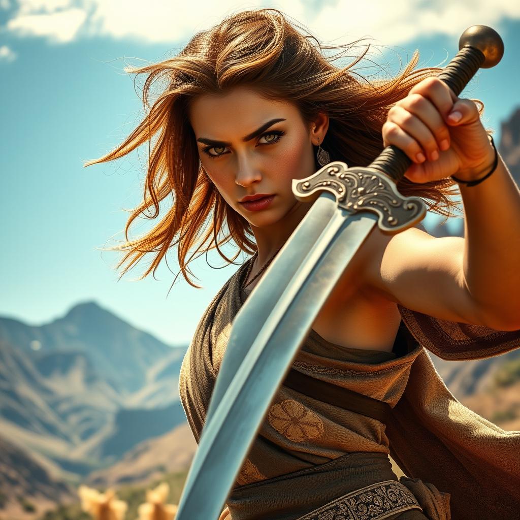 A fierce young woman from ancient times brandishing a beautifully crafted sword, her posture confident and determined