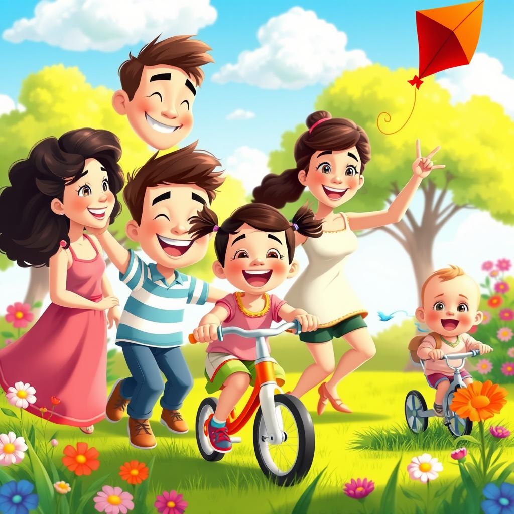 A vibrant and joyful animated family scene featuring a happy family with three children