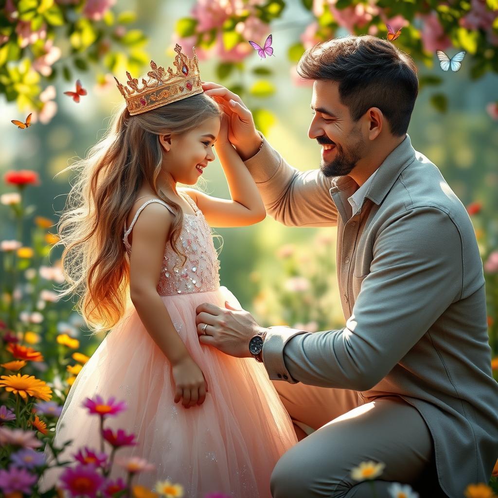 A beautiful and joyous scene of a young girl receiving a crown from her father