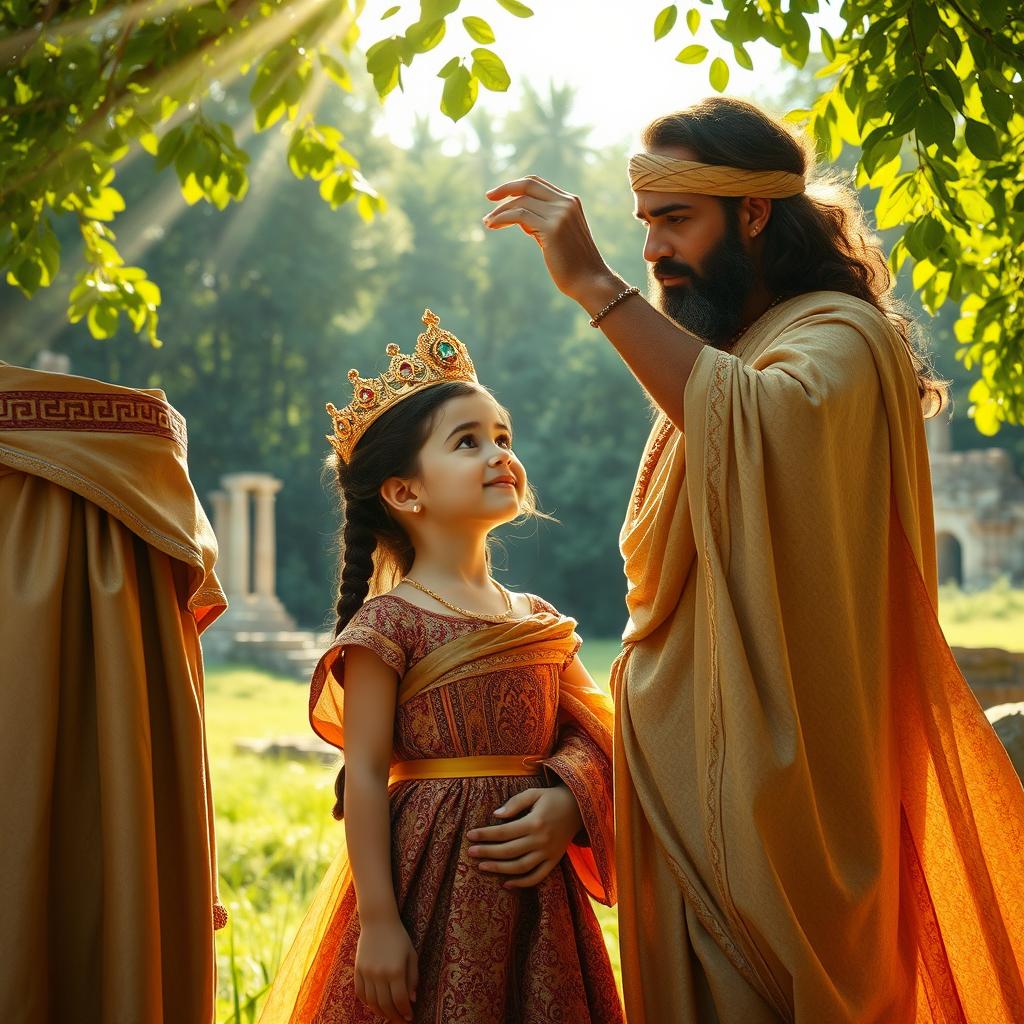A heartwarming scene depicting a young girl receiving a crown from her father in ancient times