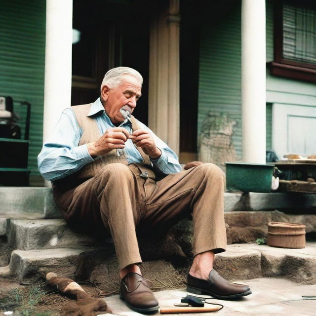 An elderly man is enjoying his pipe while an elderly woman is sewing, both sitting in front of their American-style house.