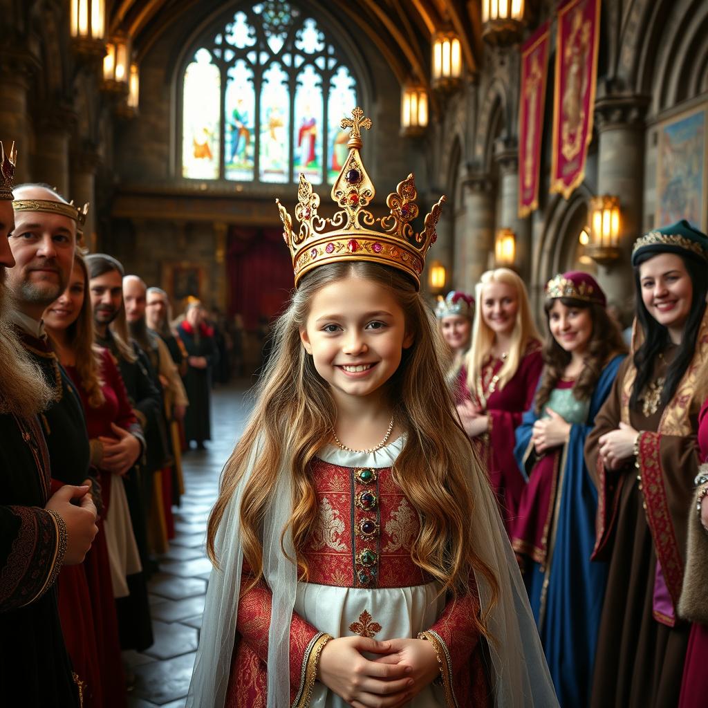 A young girl dressed in regal attire, receiving a breathtaking gold crown adorned with jewels, in an ancient English castle setting