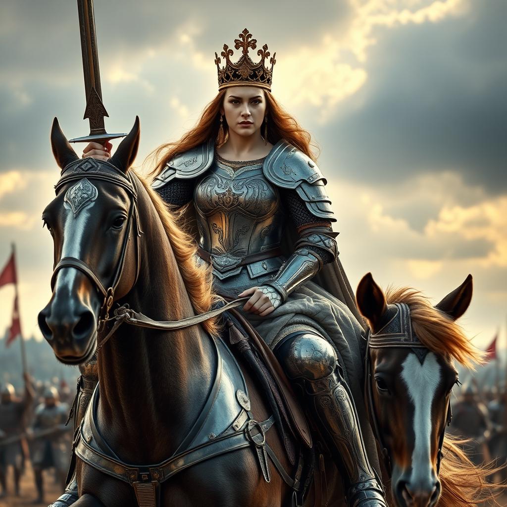 A majestic ancient queen of England dressed in royal battle armor, elegantly mounted on a powerful warhorse