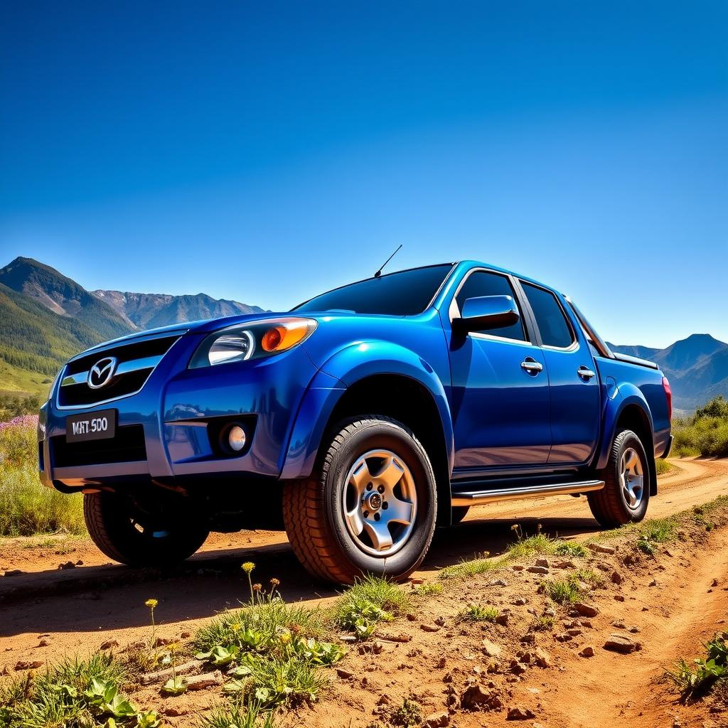 A stylish 2008 Mazda BT-50 pickup truck parked on a rugged dirt road amidst a scenic backdrop of mountains and lush greenery, showcasing its robust design and distinctive features