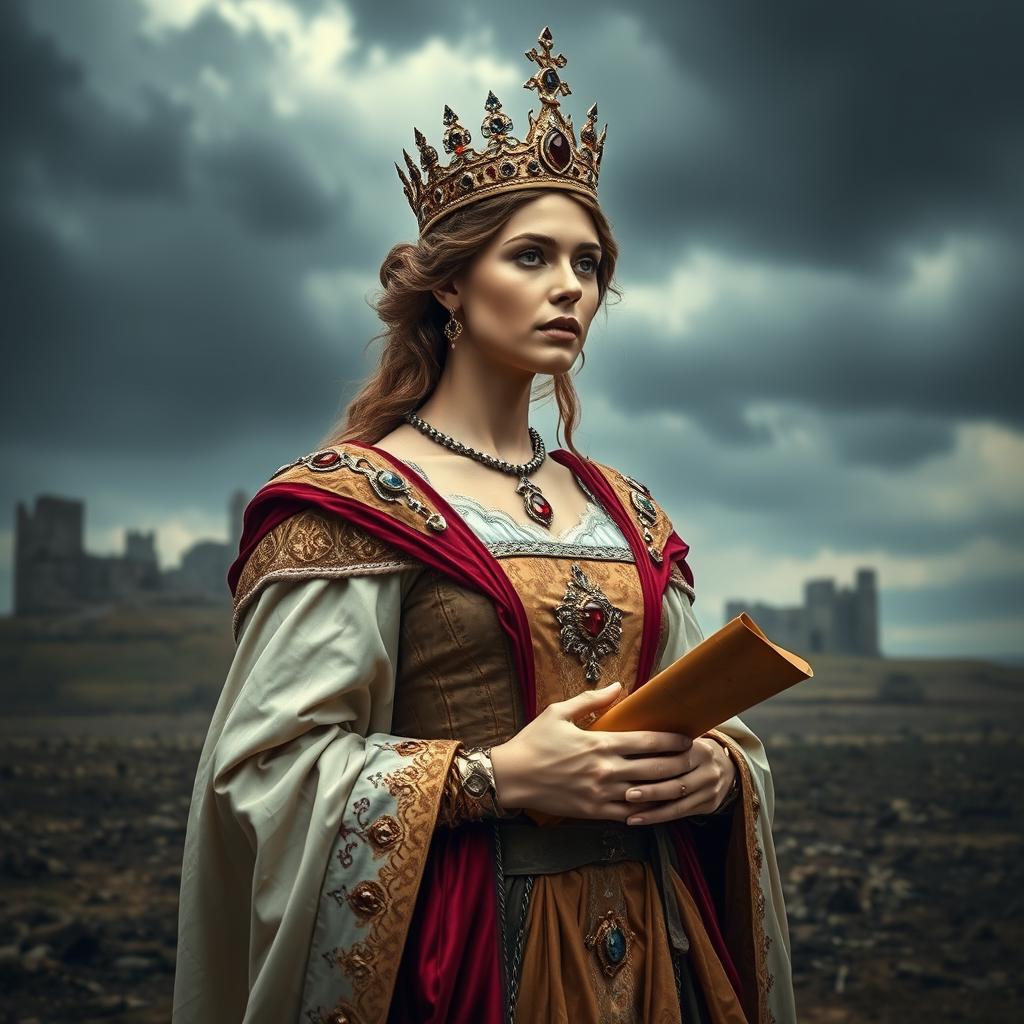 A majestic depiction of a Queen of England from ancient times, dressed in elaborate royal garments reflecting her status, with a crown adorned with gemstones