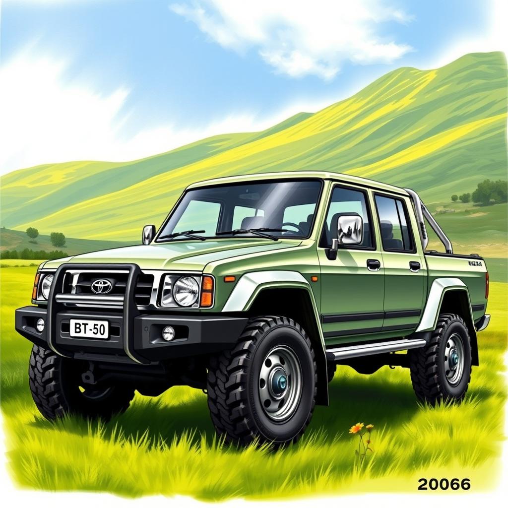 A detailed illustration of a Manda BT 50 from the year 2006, showcasing its distinctive features such as the sleek body design, robust dual cab, prominent grille, and rugged tires