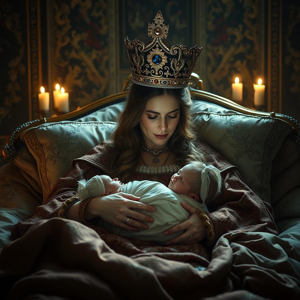 An ancient queen of England, elegantly adorned in a richly decorated crown, lies in an opulent bed filled with luxurious fabrics and ornate pillows
