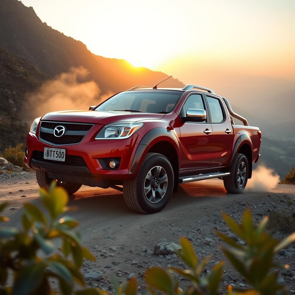 A sleek and powerful 2007 Mazda BT-50 pickup truck parked on a rugged mountain trail, showcasing its robust design and off-road capabilities