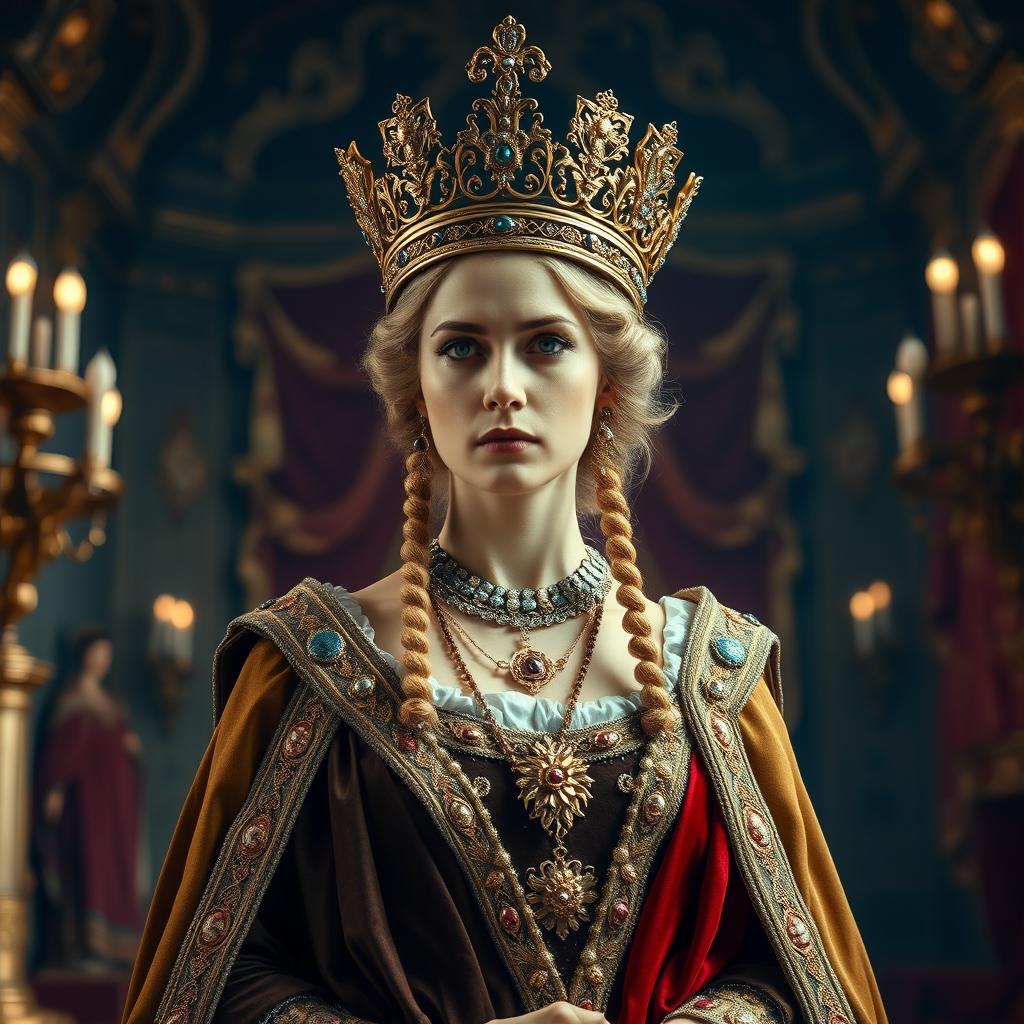 An ancient queen of England, elegantly draped in regal attire, adorned with an intricately designed crown that symbolizes her royal lineage