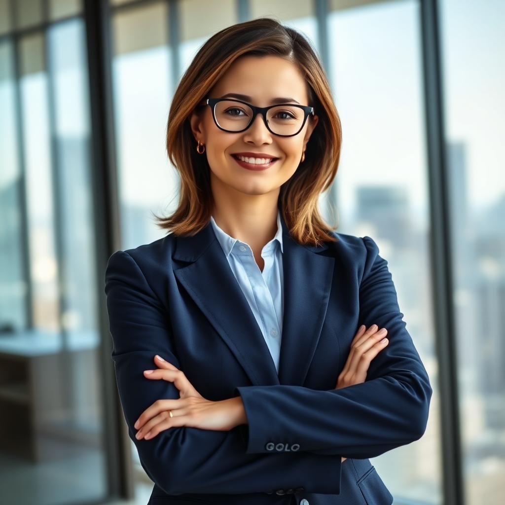 A professional woman in an executive setting, wearing a tailored business suit in navy blue