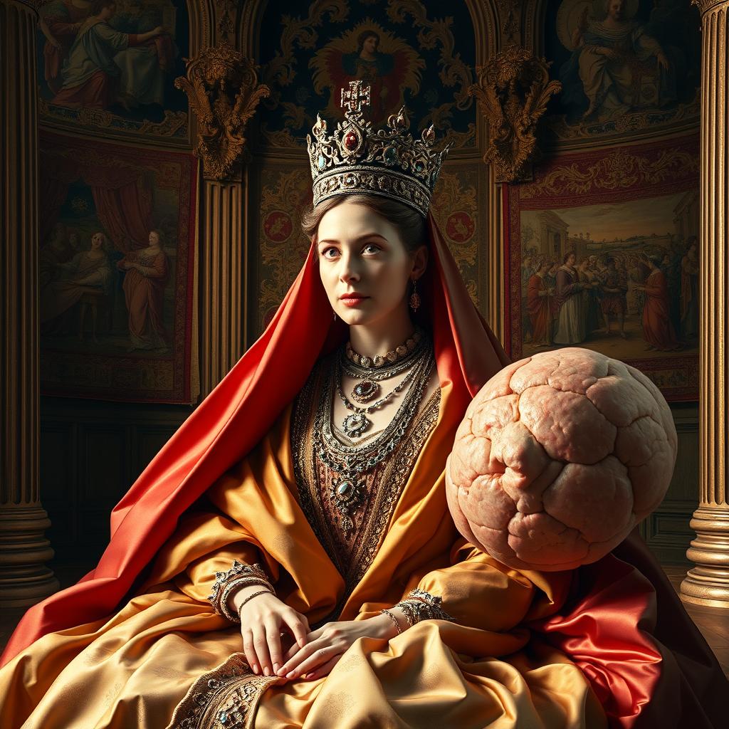 A majestic scene of the Queen of England in ancient times, elegantly draped in rich, luxurious fabrics within a grand chamber