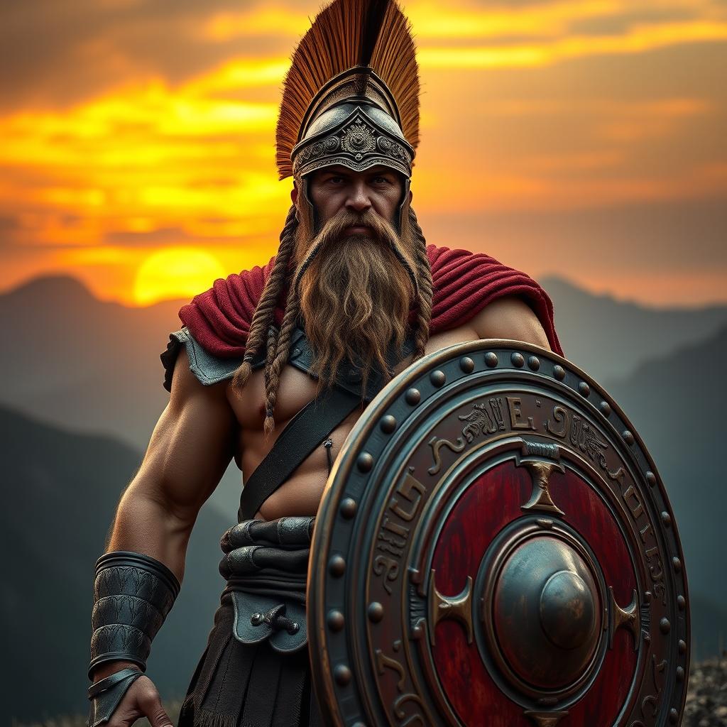 A powerful Spartan warrior with a majestic Spartan beard, showcasing intricate braids and a thick, wild appearance