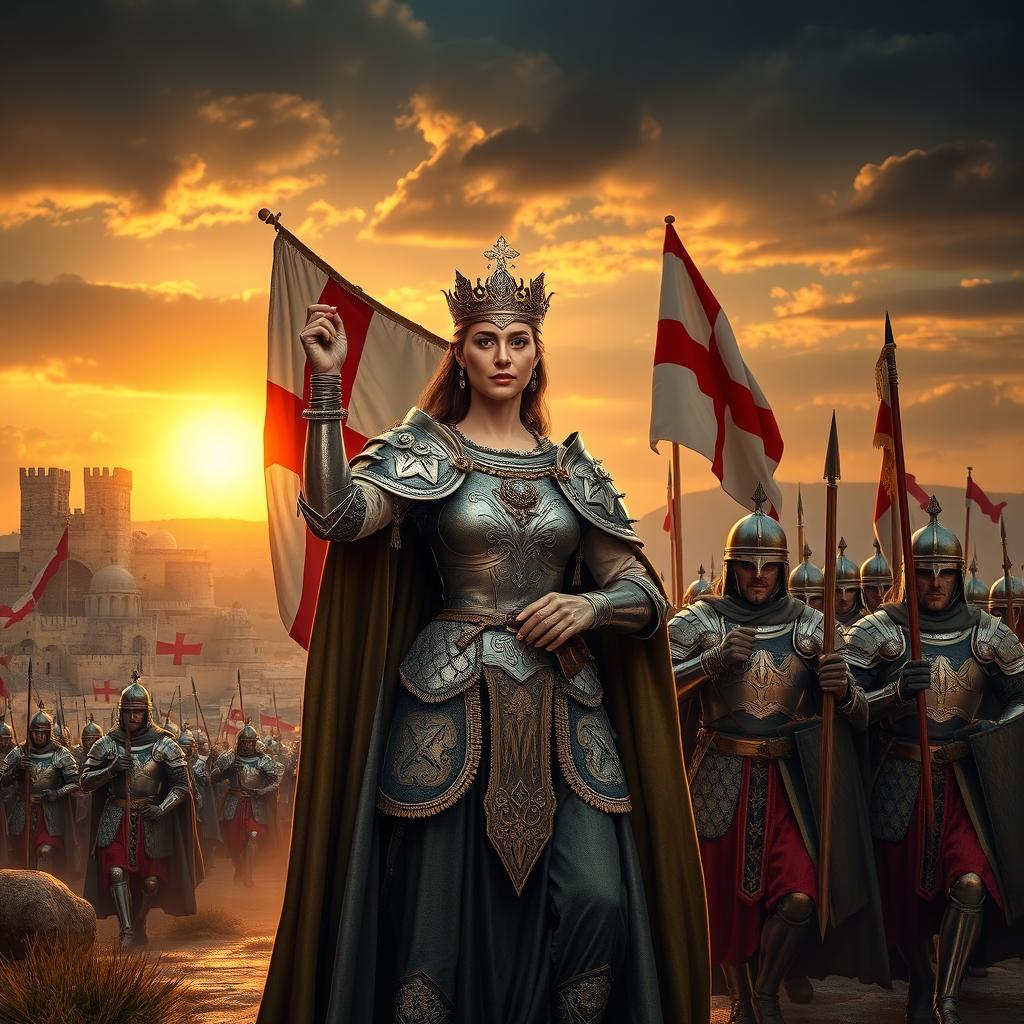 A majestic and powerful queen of England clad in ornate medieval armor, standing triumphantly beside a battle-worn banner featuring the English flag
