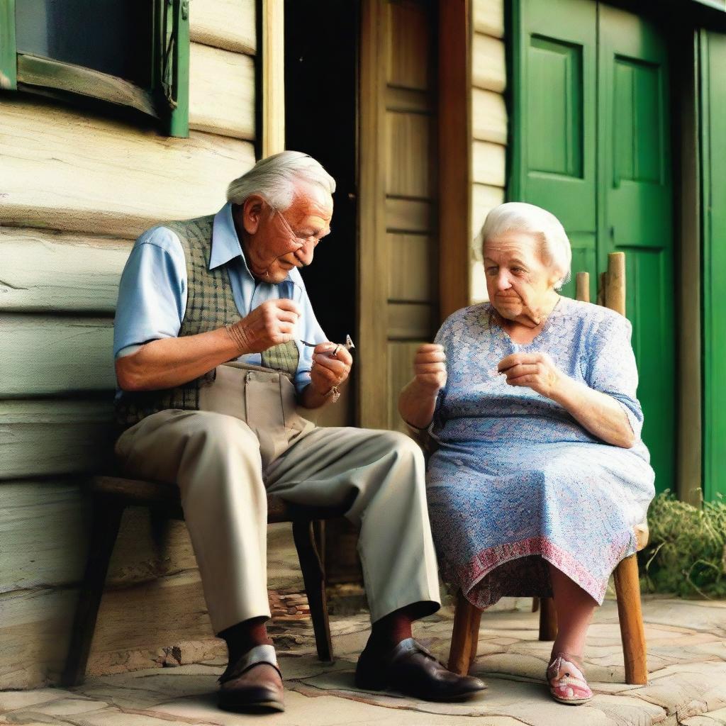 An elderly man is enjoying his pipe while an elderly woman is sewing, both sitting in front of their American-style house.