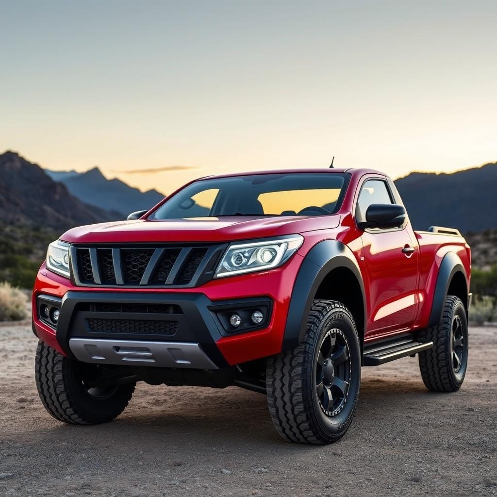 A sleek and modern redesign of a 2007 red Manda BT 50, showcasing its rugged off-road capabilities with a new artistic flair