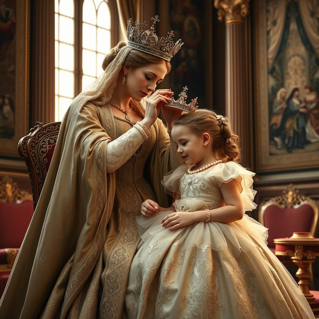 A regal scene depicting the ancient queen of England, draped in a luxurious royal gown adorned with intricate patterns, delicately placing a crown on her daughter's head