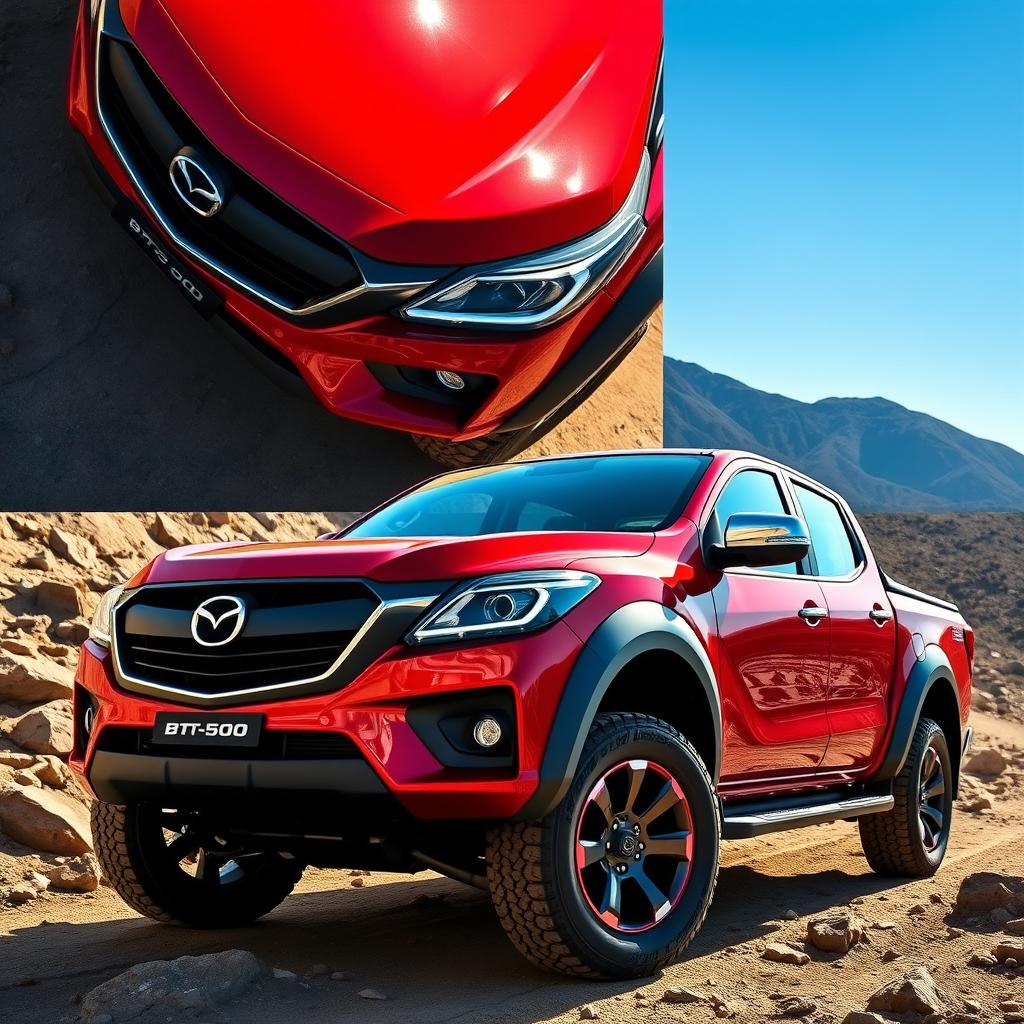 A stunningly redesigned modern pickup truck inspired by the Mazda BT 50 from 2007, featuring a sleek and aggressive exterior with aerodynamically sculpted lines, bold front grille, and LED headlights