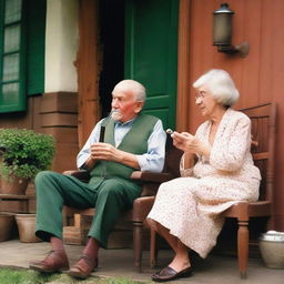 An elderly man is enjoying his pipe while an elderly woman is sewing, both sitting in front of their American-style house.