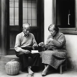 An Asian elderly man is smoking a pipe while an elderly woman is sewing, both sitting in front of their American-style house.