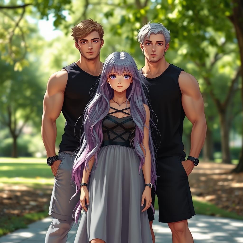 Two male twins standing protectively beside a beautiful girl with long silver-purple hair cascading down her shoulders, her captivating lilac eyes sparkling with charm