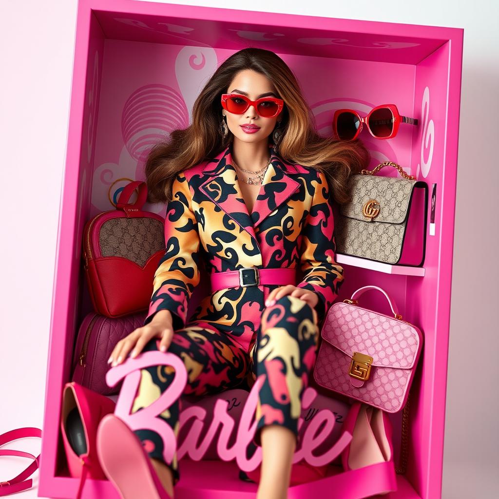 A stylish young woman inside a Barbie doll box, surrounded by luxurious Gucci accessories