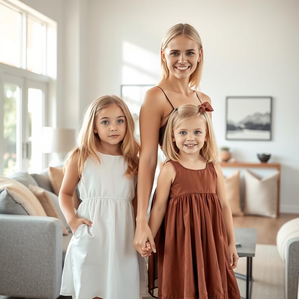 A modern living room filled with natural light, showcasing an 18-year-old mother with bright blue eyes and sun-kissed blonde hair, confidently standing in a chic summer dress