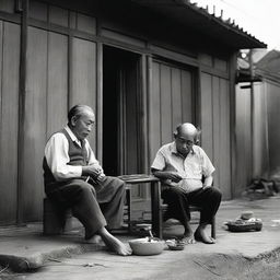 An Asian elderly man is smoking a pipe while an elderly woman is sewing, both sitting in front of their American-style house.