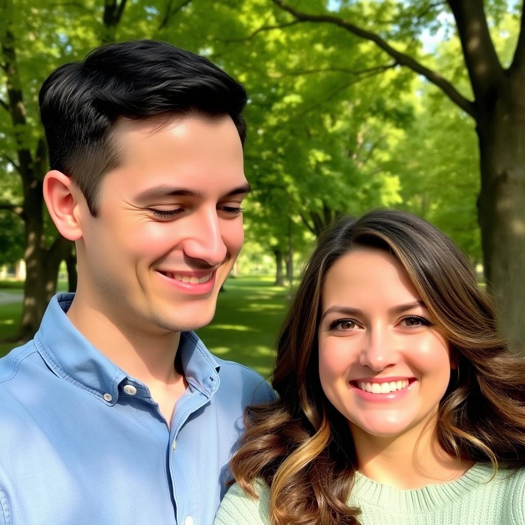 A happy couple, intimately close, smiling softly without showing their teeth