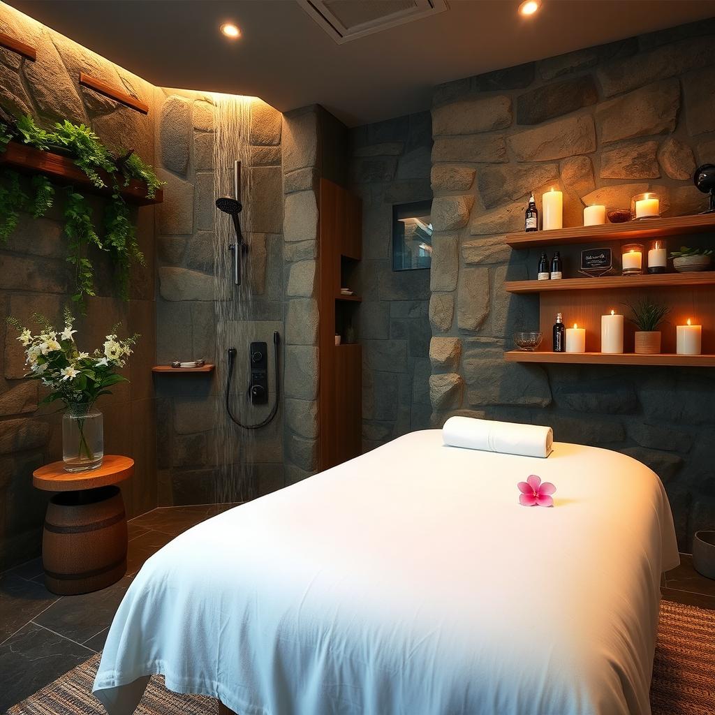A luxurious and inviting spa room featuring a plush massage table with white linens, aromatic candles flickering softly on a wooden shelf, and stone walls adorned with natural greenery