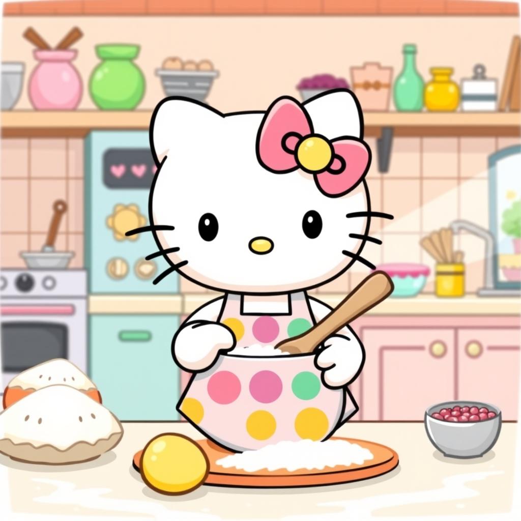 A cute and whimsical illustration featuring Hello Kitty wearing a colorful apron (mandil) while baking in a cheerful kitchen