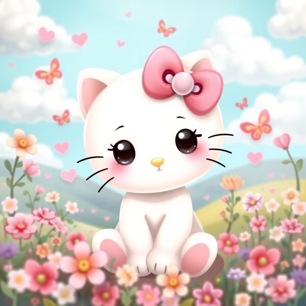 A cute and adorable character inspired by a Hello Kitty-like design, featuring a small white cat with a pink bow on her head, large round eyes, and a sweet smile