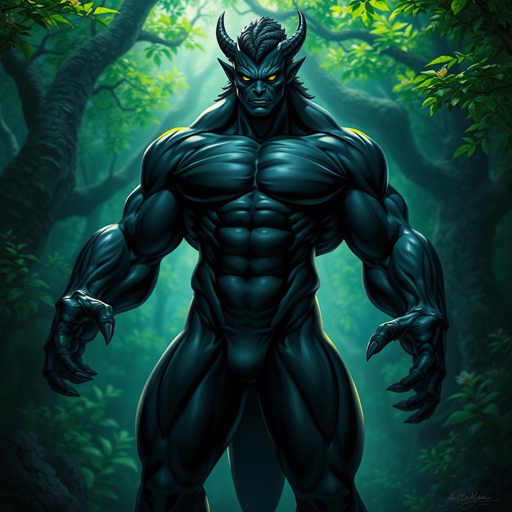 A muscular, powerful creature with a completely black skin tone, accentuating the toned and defined muscles