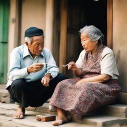 An Asian elderly man is smoking a pipe while an elderly woman is sewing, both sitting in front of their American-style house.