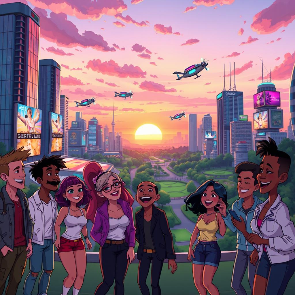 A colorful, vibrant animated scene featuring a futuristic city skyline at sunset with flying cars and glowing neon lights