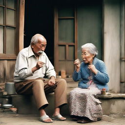 An Asian elderly man is smoking a pipe while an elderly woman is sewing, both sitting in front of their American-style house.