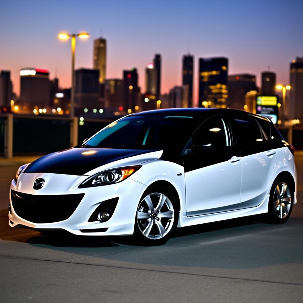 A stylish 2007 Mazda 3, primarily in a striking black and white color scheme, showcasing its sleek contours and iconic design features