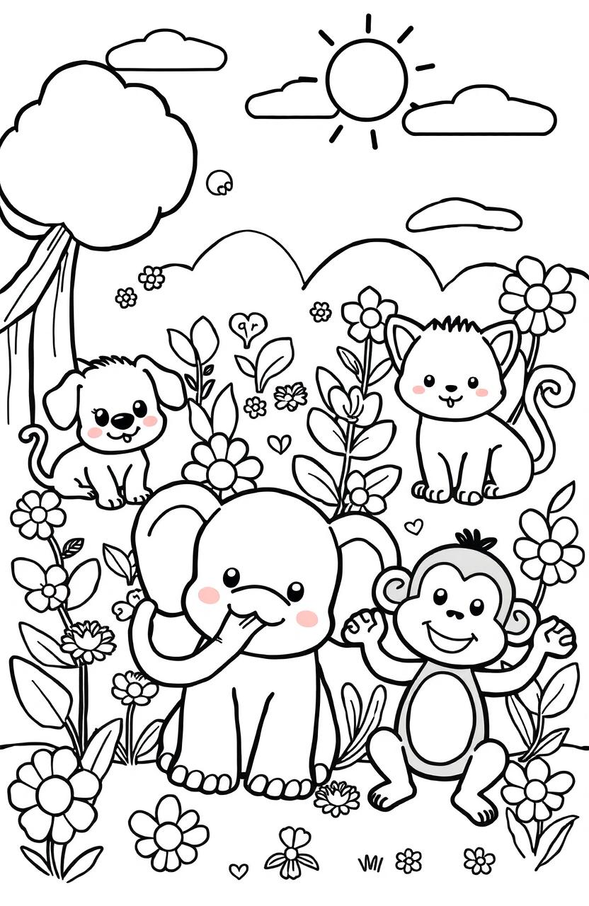 A fun and engaging animal coloring book page for kids, featuring a variety of adorable cartoon animals such as a playful puppy, a curious kitten, a gentle elephant, and a cheerful monkey